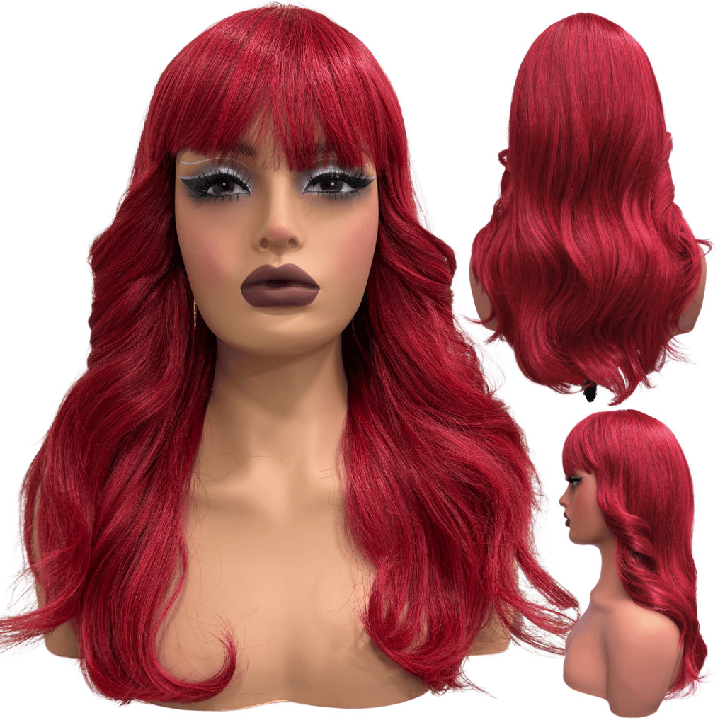 Peruca vermelha ondulada com franja baby liss orgânica RED