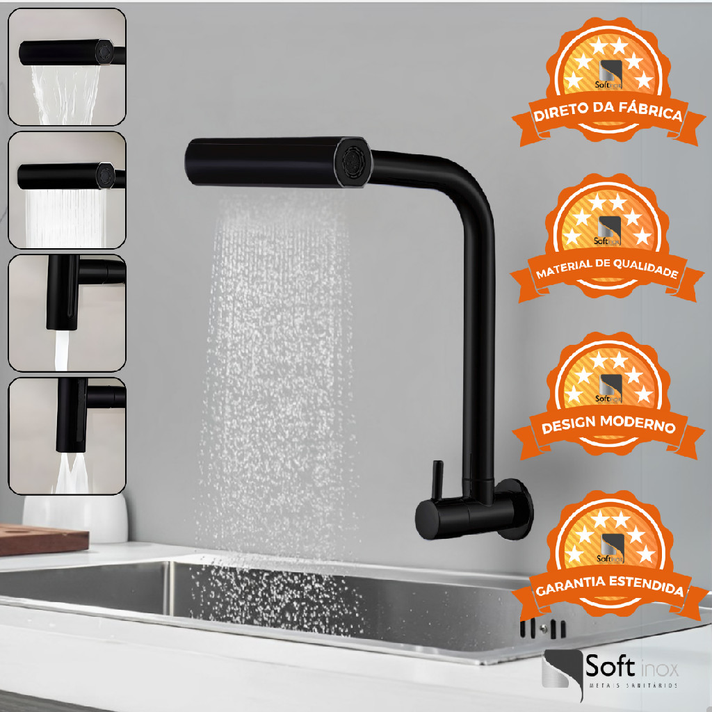 Torneira Gourmet Cozinha Parede Bancada 4 Jatos em 1 Preta Dourada Cromada Metal Pia Multifuncional