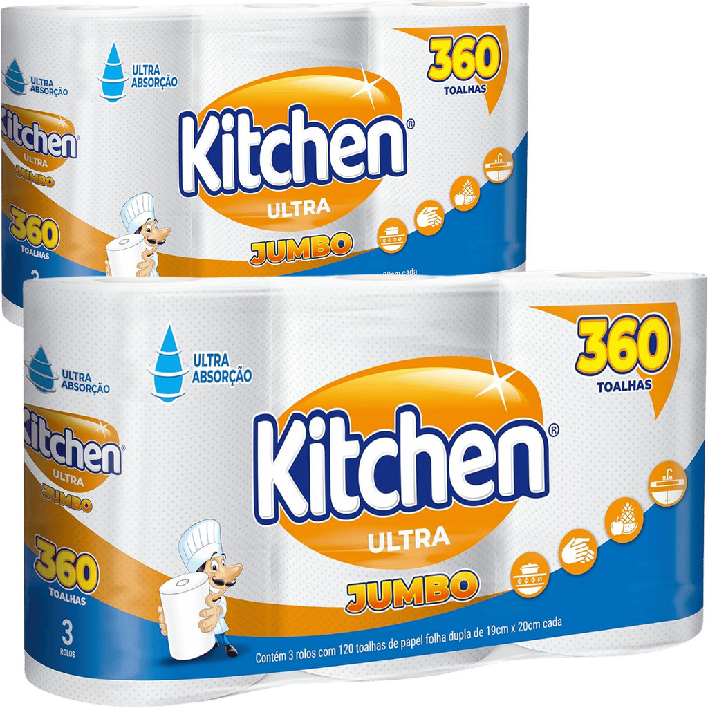 Papel Toalha Kitchen 720 Folhas Kit 2 Pacotes Jumbo Folha Dupla 19cm X 20cm Toalha Papel Kitchen Jumbo