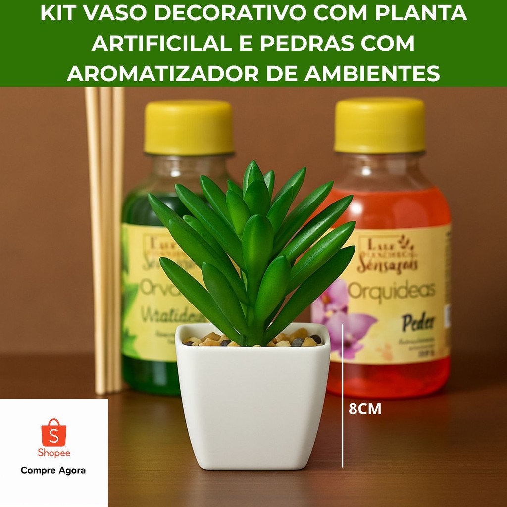 Kit Mini Vasinho Vaso  Decorativo Planta Suculenta Artificial com Pedras e Aromatizador Ambientes Orvalho ou Orquídeas