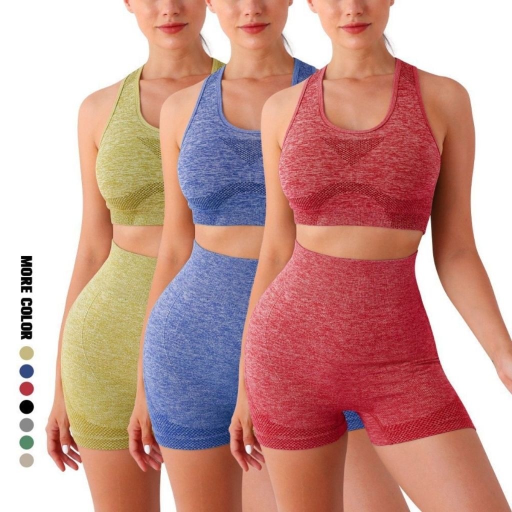 Conjunto Academia Fitness Feminino Leggings 1 Top 1 Shorts Levanta Bumbum Sem Costura E Bojo