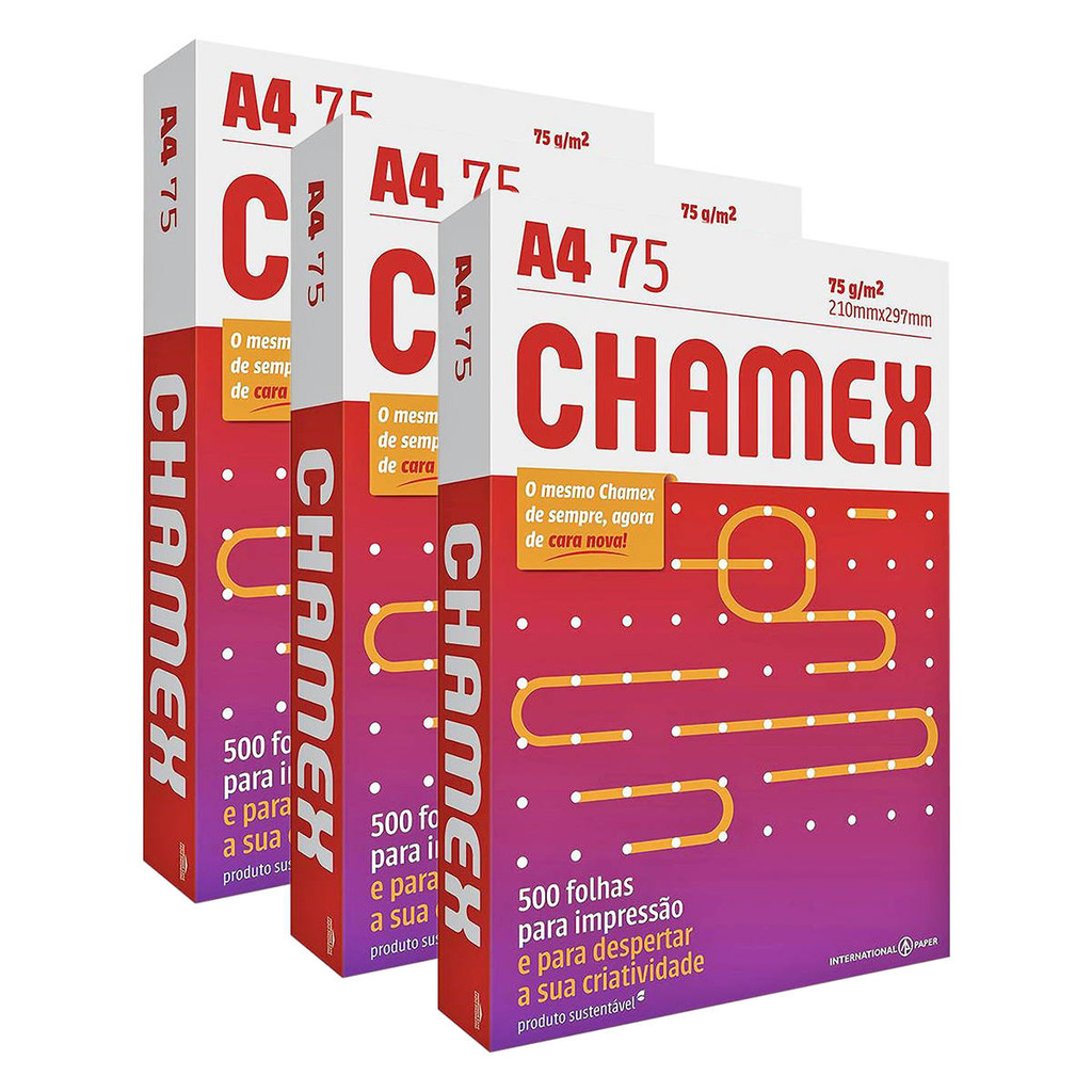 Papel Chamex A4 75g 210x297 Sulfite Office Branco com 1500 folhas (3 Resmas com 500 folhas)