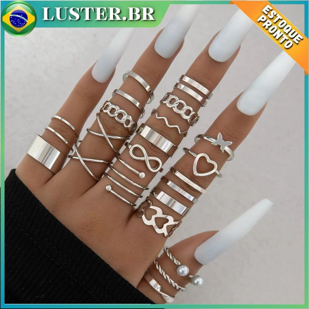 Conjunto de anéis de prata de 22 peças, conjunto de anéis de prata e ouro vintage, acessórios de moda em Oferta na Shopee