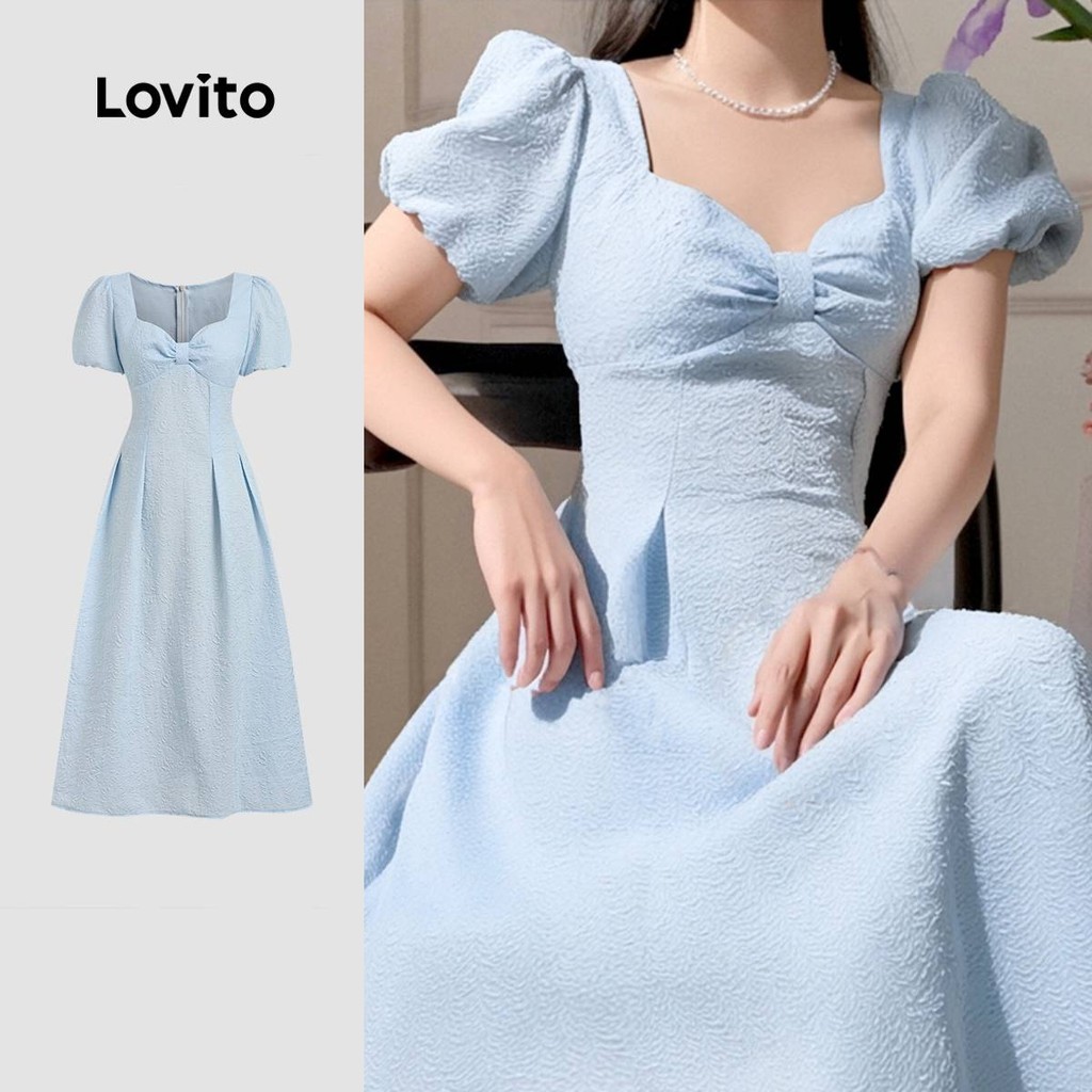 Lovito Vestido Elegante com Laço, Manga Bufante, Tecido Nítido, Primavera/Verão Cinza Azul Mulheres LBR25LD493 - Women Clothes