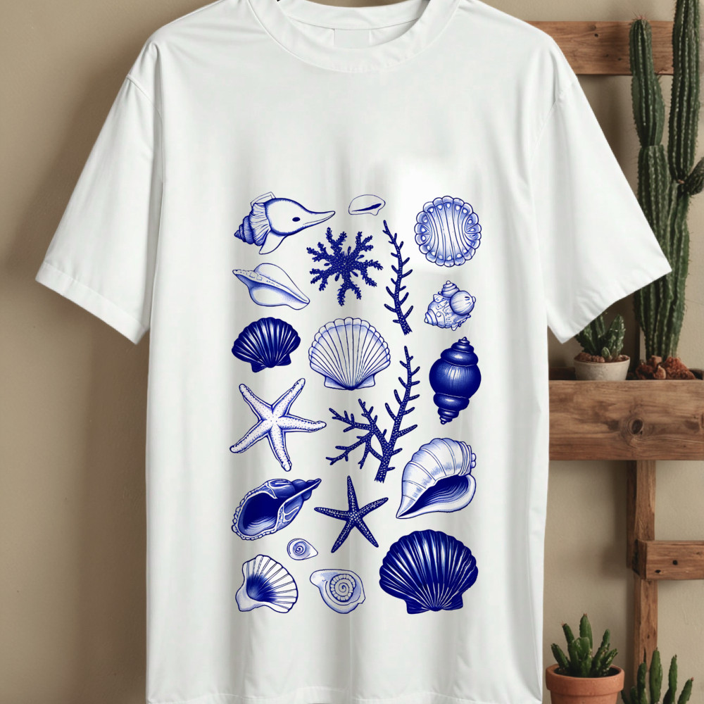 Camiseta Unissex Oversized Plus Size Feminina Masculina Estampa Marinha Conchas e Estrelas Streetwear