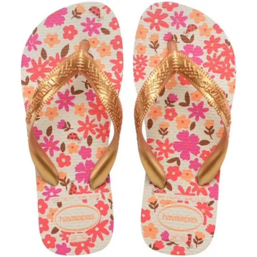 Chinelo Havaianas Kids Flores Fc Feminino - Rosa e Dourado