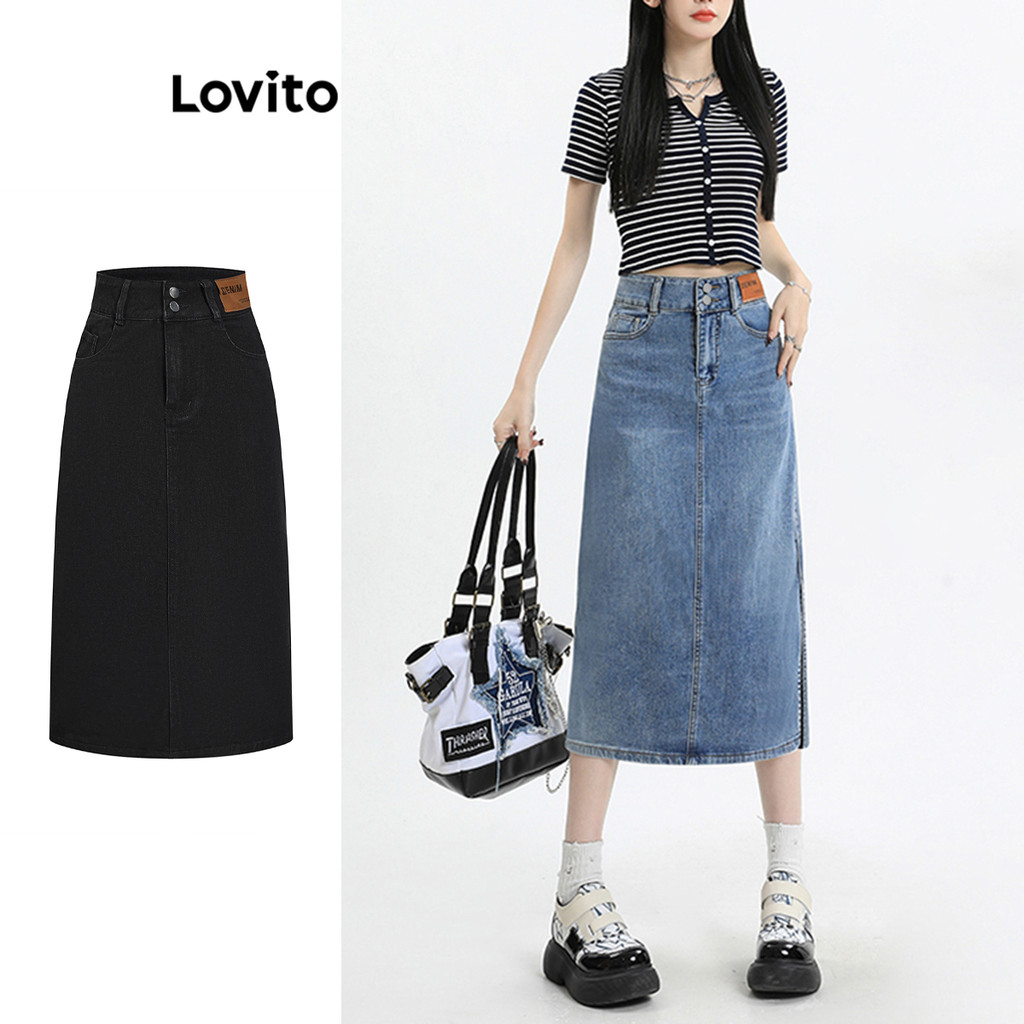 Lovito Saia Jeans Casual com Fendas Frontais e Bolsos para Mulheres LNA17135 (Azul) - Women Clothes