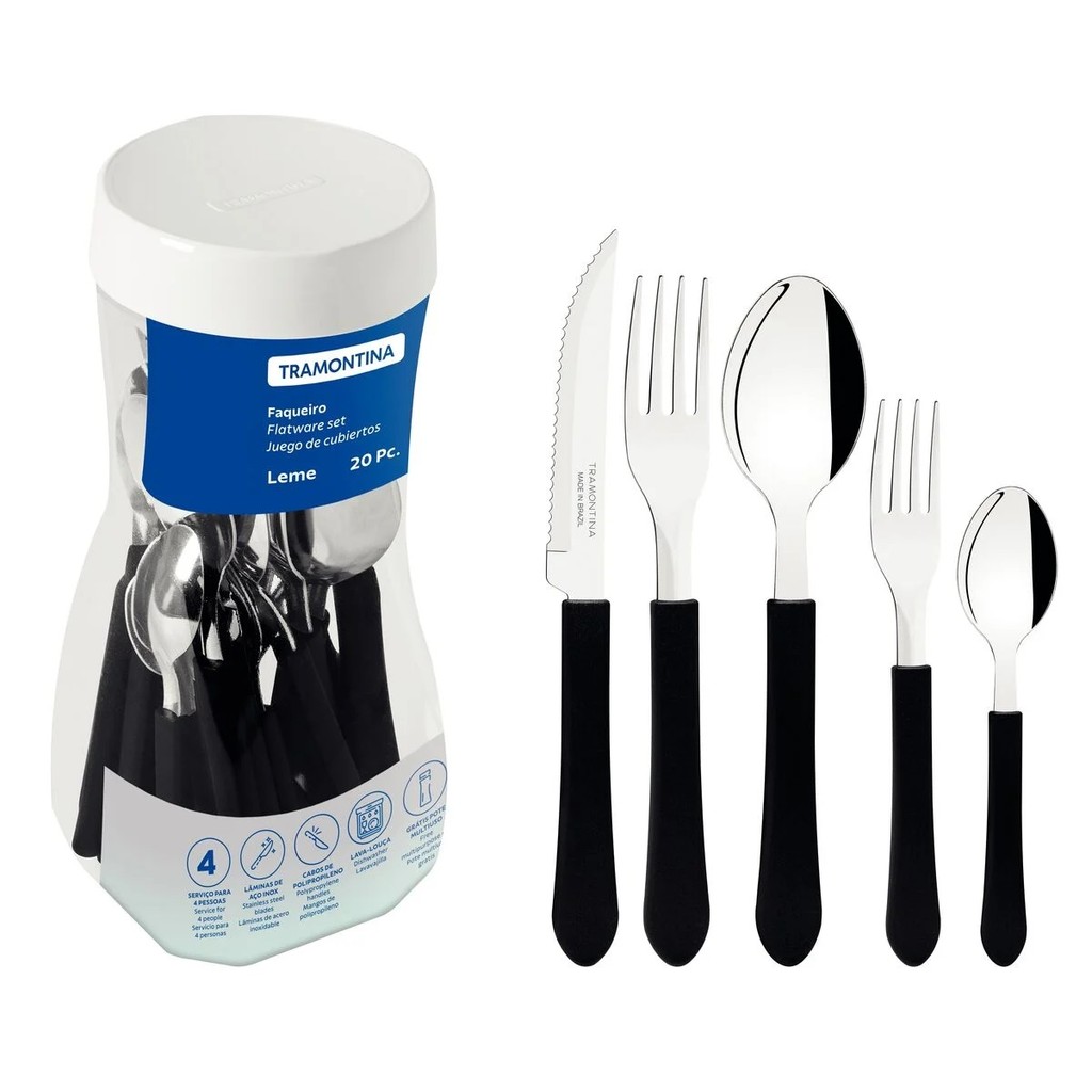 Faqueiro Lâminas em Aço Inox Preto 20 Peças Leme Tramontina