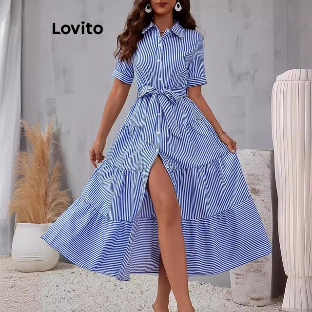 (Casual) Lovito Vestido Listrado Com Botão Frontal E Cinto Para Mulheres LNL79306