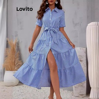 (Casual) Lovito Vestido Listrado Com Botão Frontal E Cinto Para Mulheres LNL79306