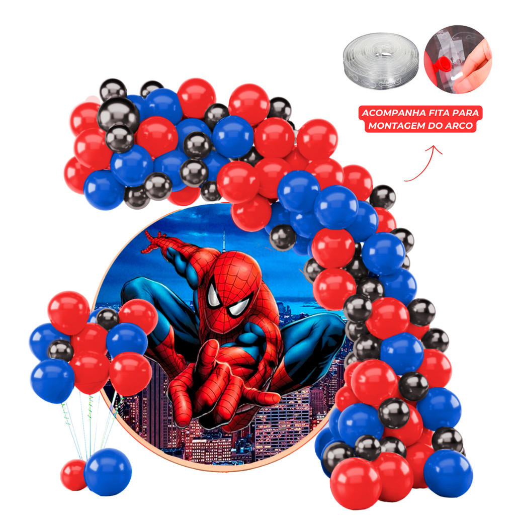Kit 125 Balões Festa Homem Aranha  + Fita Arco - Balão Bexiga Liso/Cromado Para Aniversários