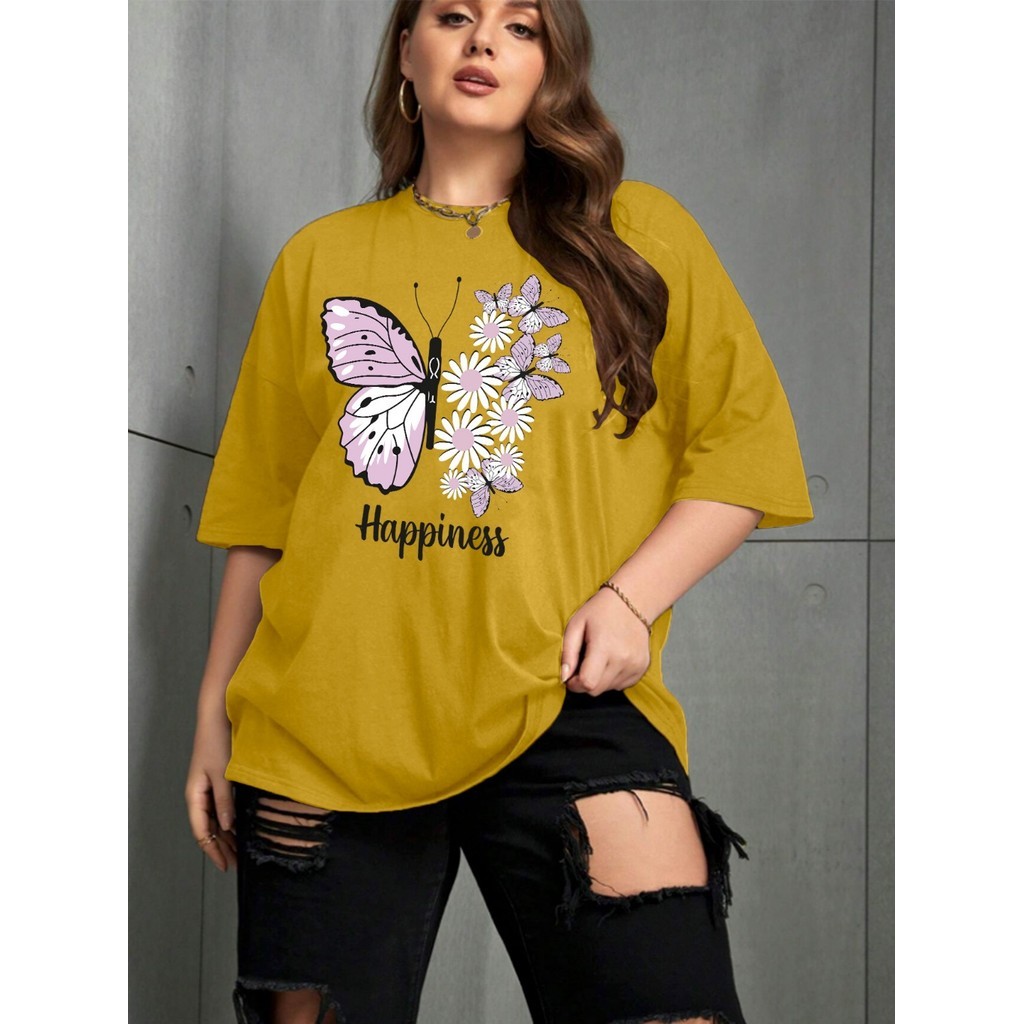 Camisa Amarelo Blusa Oversized Camiseta Larga Estampada Felicidade Borboletas Flores T Shirt