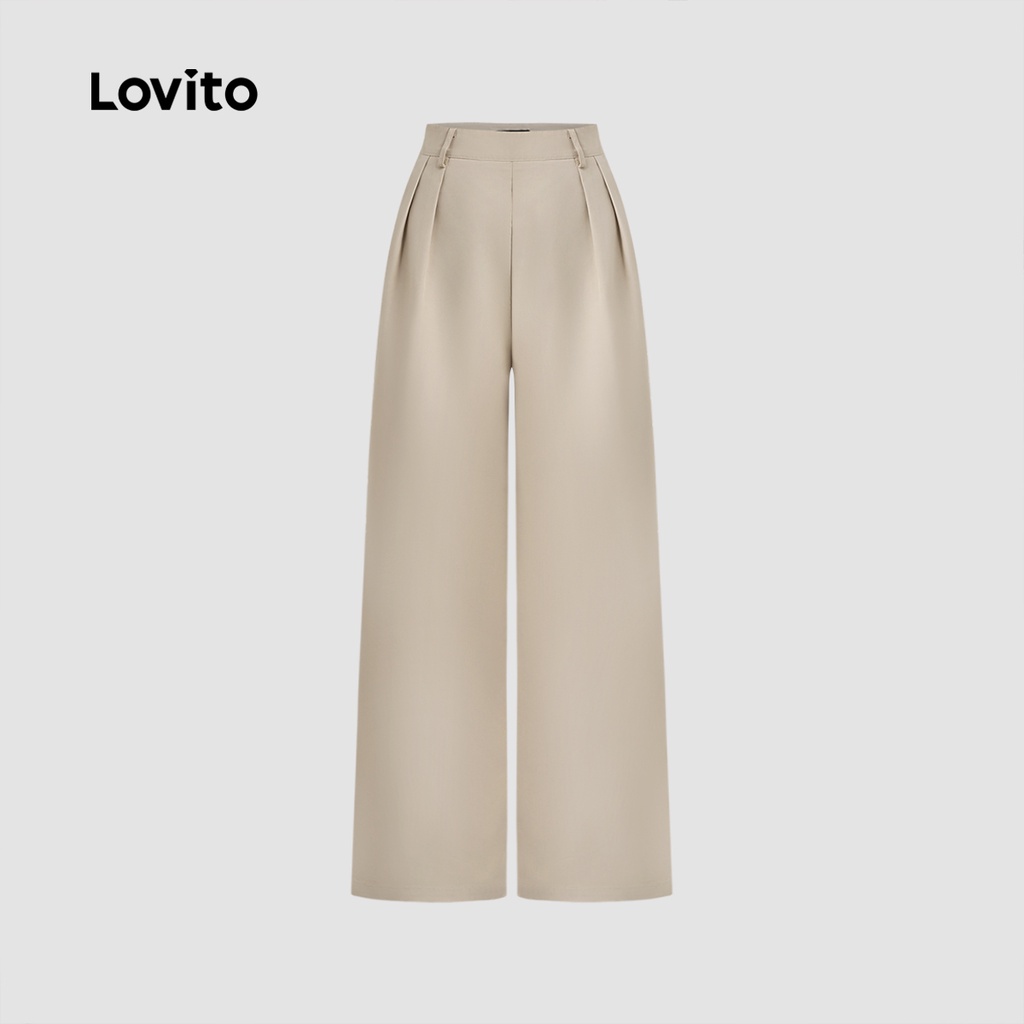 Detalhes do Lovito Kit Calça Casual com Fivela Metálica Assimétrica Primavera/Verão Bege Claro LBL26062