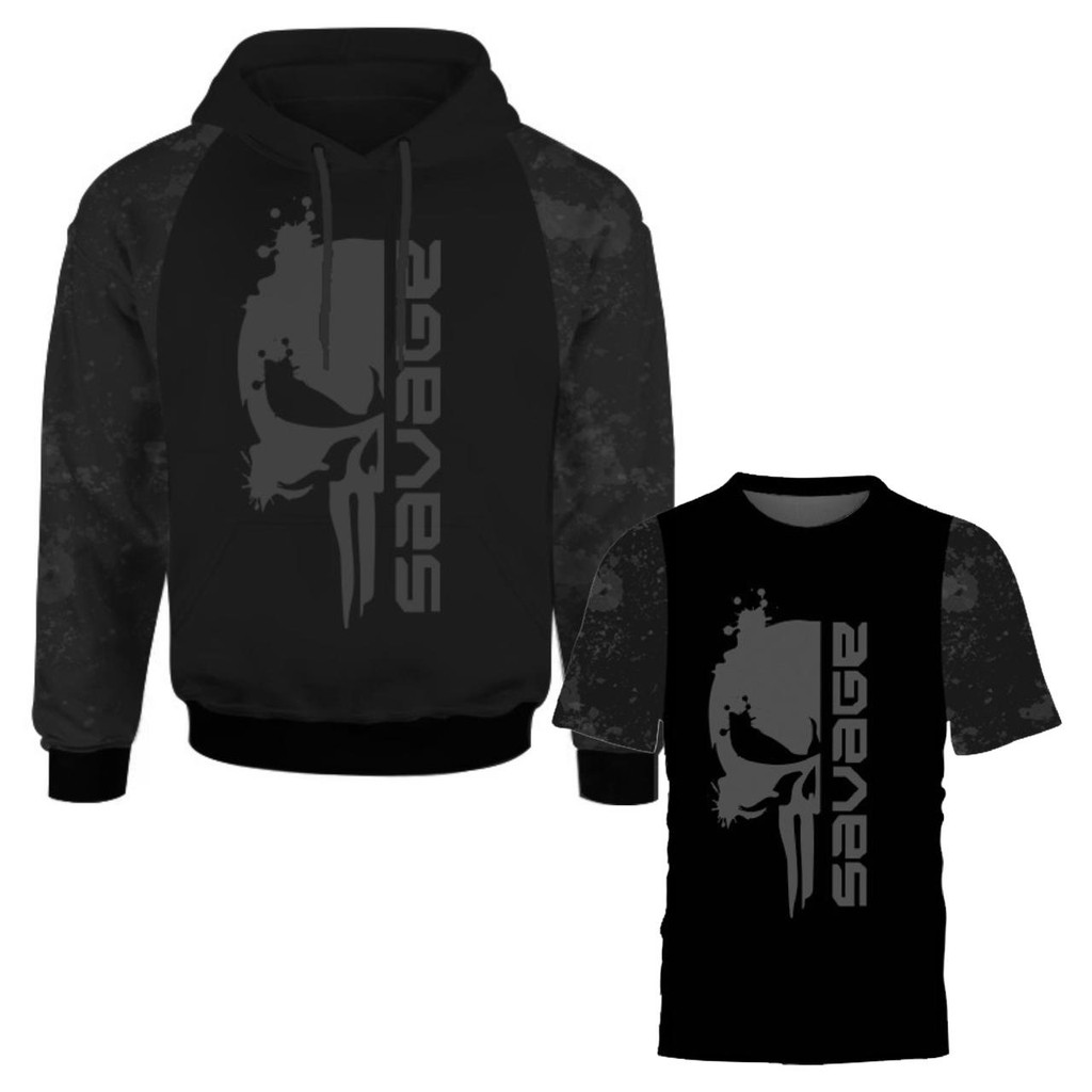 Kit Camiseta 3D Rock Punk + Moletom Caveira Camuflada Estilo Selvagem com Capuz e Bolso