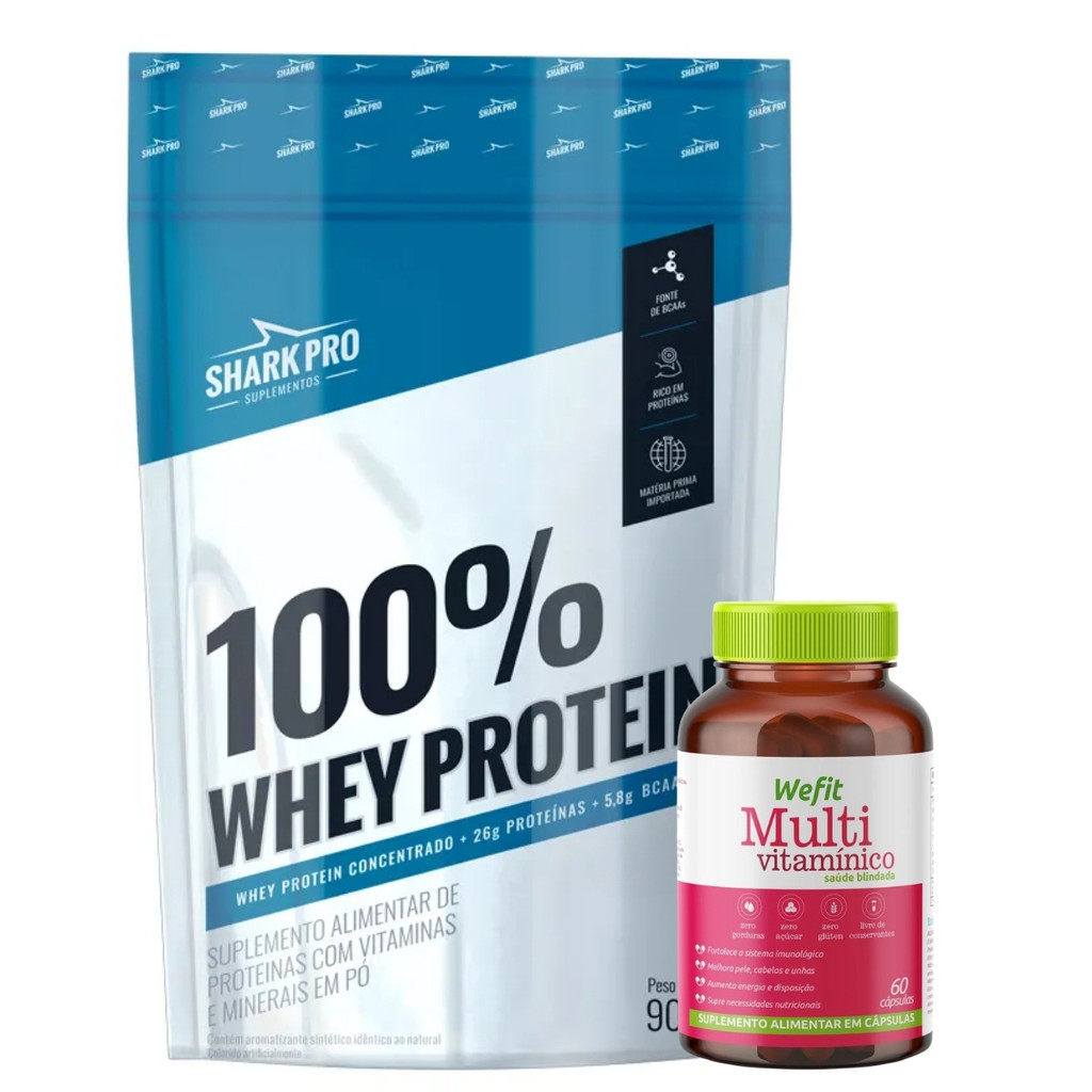 100% Whey Refil 900g Shark Pro + Multivitamínico C/60c WeFit em Oferta na Shopee