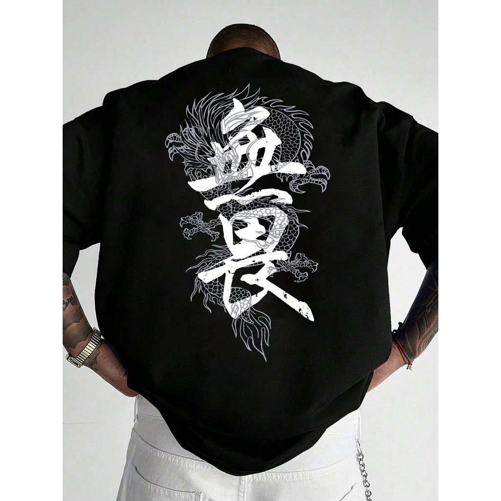 Camiseta Casual de Verão Masculina, Solta, Com Estampa Gráfica de Dragão e Letras Camiseta Oversized 01
