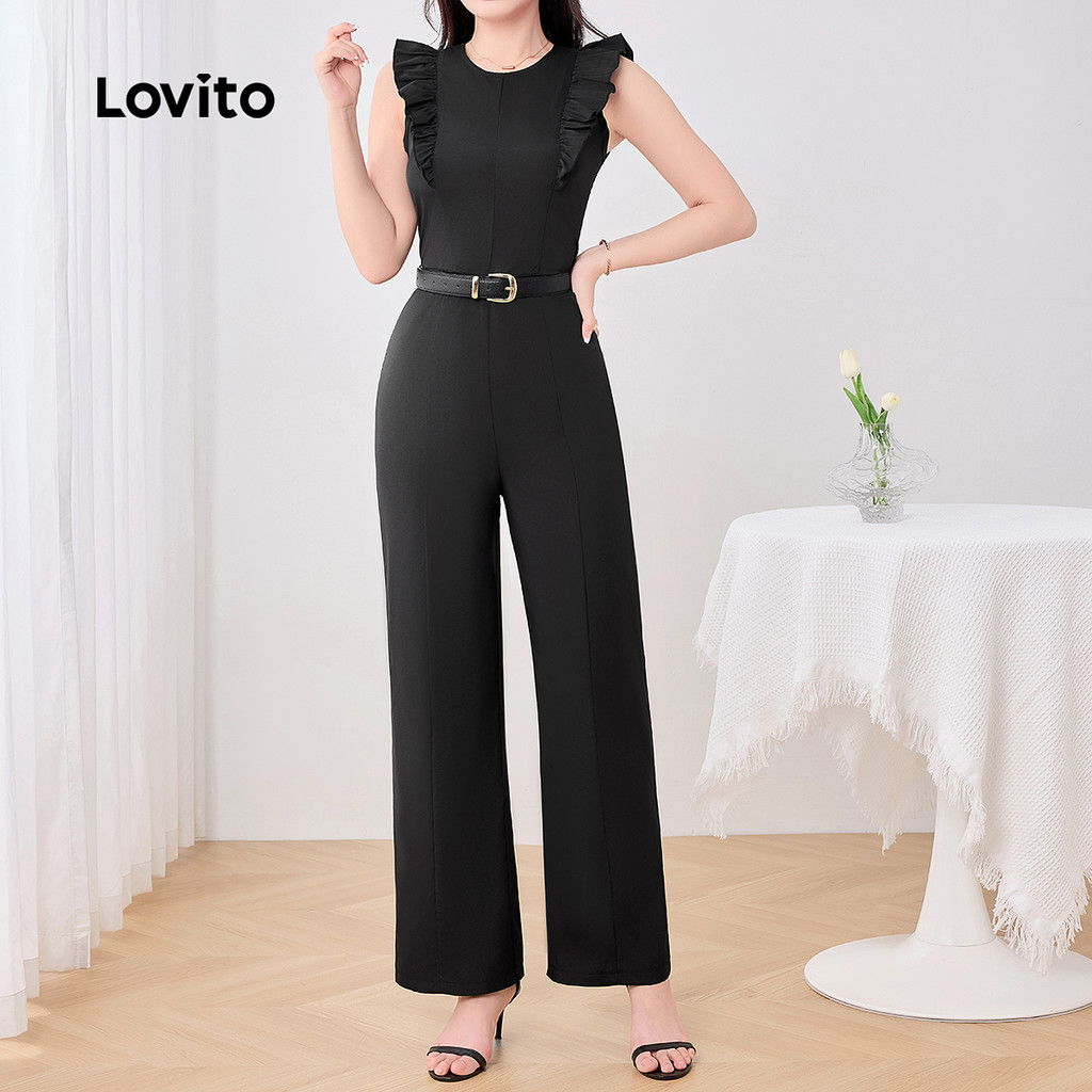 Detalhes do Lovito Macacão Elegante Com Babados E Acabamento Em Alface Verão/Primavera Macacão Preto Para Mulheres L134ED648