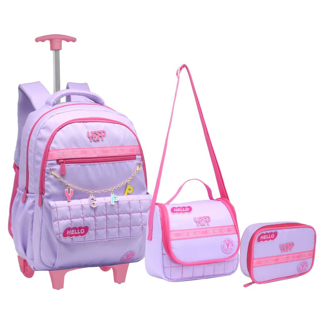Kit Mochila Rodinhas Lancheira Estojo Chaveiro Escolar Juvenil Infantil Bombom Yepp