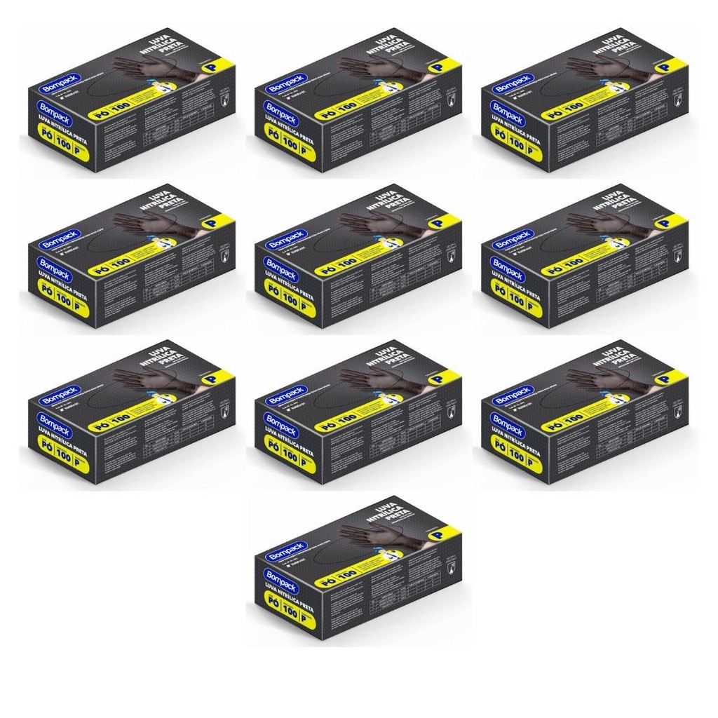 Luva Nitrílica Preta Sem Pó Bompack Tamanho P;M;G – Kit com 10 Caixas em Oferta na Shopee