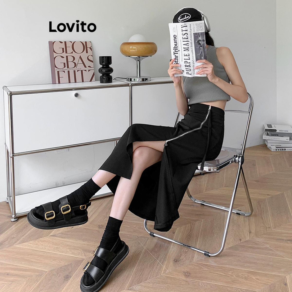 Detalhes do (Trendy) Lovito Saias Casuais Com Zíper Liso E Cordão Para Mulheres LNA65418