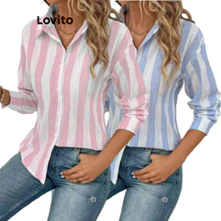 (Lovito x Glenda) Casual Blusa Listrada Com Botões Colorblock Para Mulheres LNL54004 (Multicolorido)