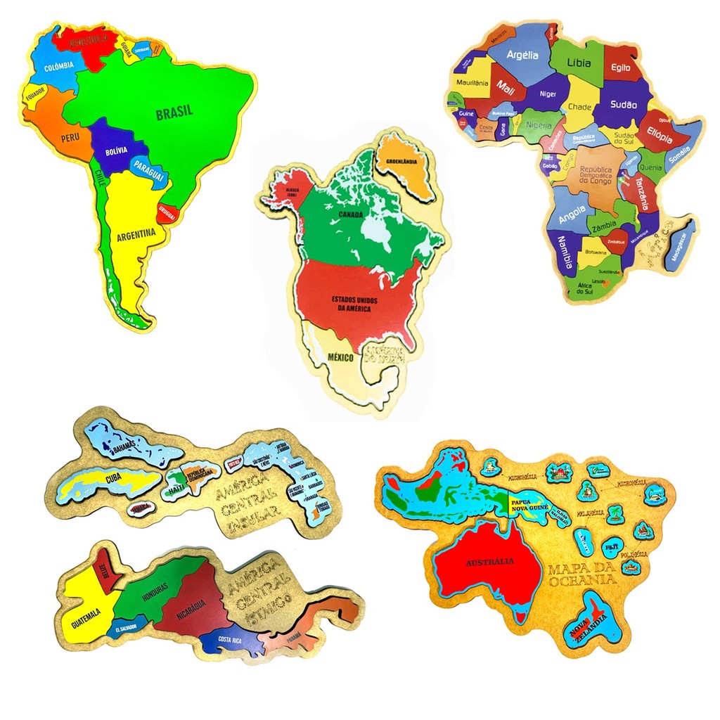 Kit Quebra-cabeça Mapas África, Oceania, América do Sul e Norte, Central Ístmico e Insular