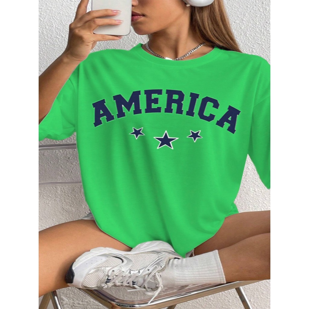 Camiseta Oversized Unissex Swag Hip-Hop Estampada America Estrelas Blusa Feminina Old School