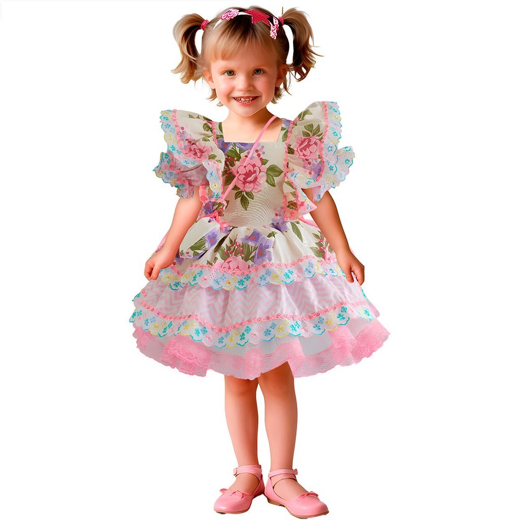 Vestido São João Bebê Menina de Luxo Rodado Xadrez e Floral Roxo Com Tiara Bolsinha e Armação Embutida na Saia