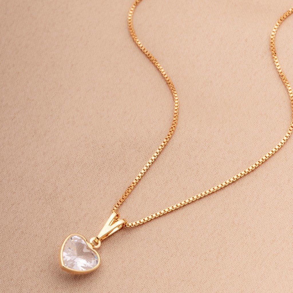 Colar Pingente Coração Feminino Com Zircônia Brilho Delicado Presente Garantia Banhado A Ouro 18K