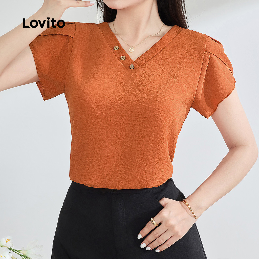 Lovito Blusa Casual Com Botão Plissado Verão/Primavera Blusa Laranja Para Mulheres L134LD270 - Women Clothes