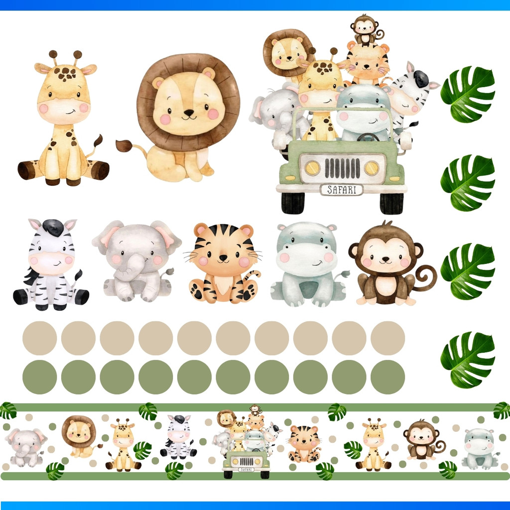 Kit de 32 Adesivos Recorte Animais Safari + Faixa Safari - Papel de Parede Infantil