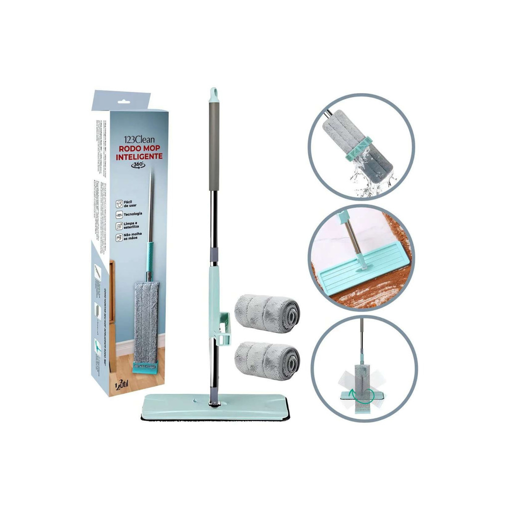 Esfregão Rodo Mop Mágico Inteligente Com Refil FLAT 360° Graus Flexível PUXA E SECA Limpeza Casa Limpa Fácil Microfibra