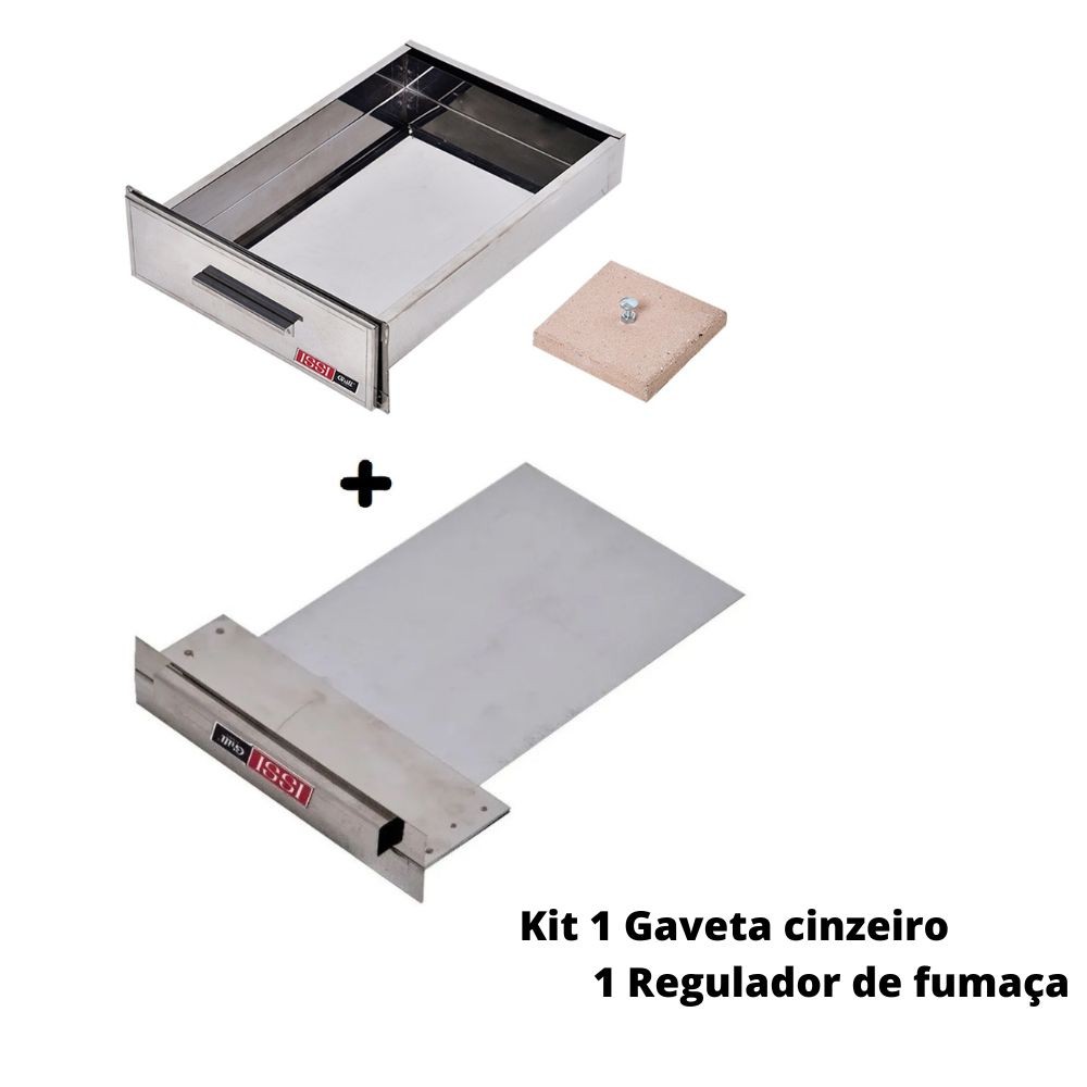 Kit Gaveta Cinzeiro Inox + Registro Regulador de Fumaça Chaminé da Churrasqueira