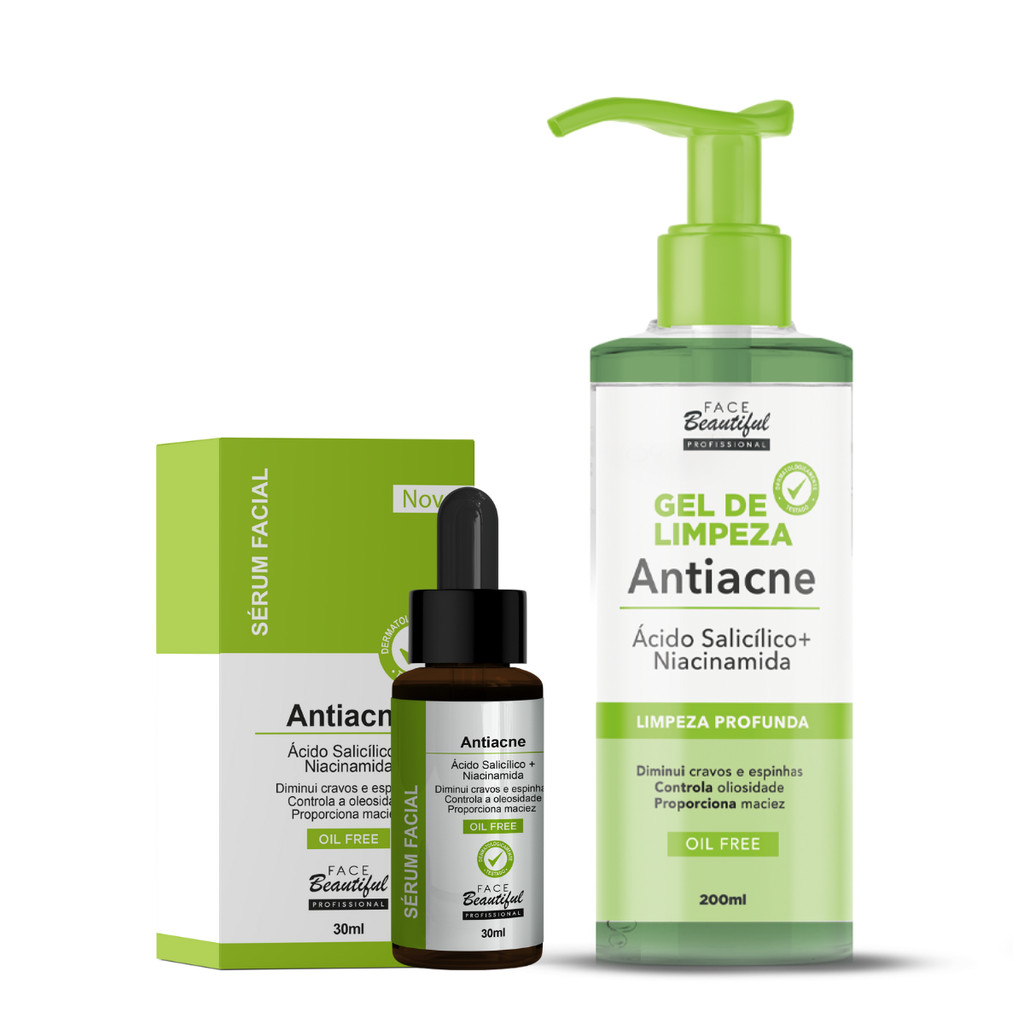 Kit Skincare Gel De Limpeza Facial Antiacne e Serum Facial Antiacne Face Beautiful