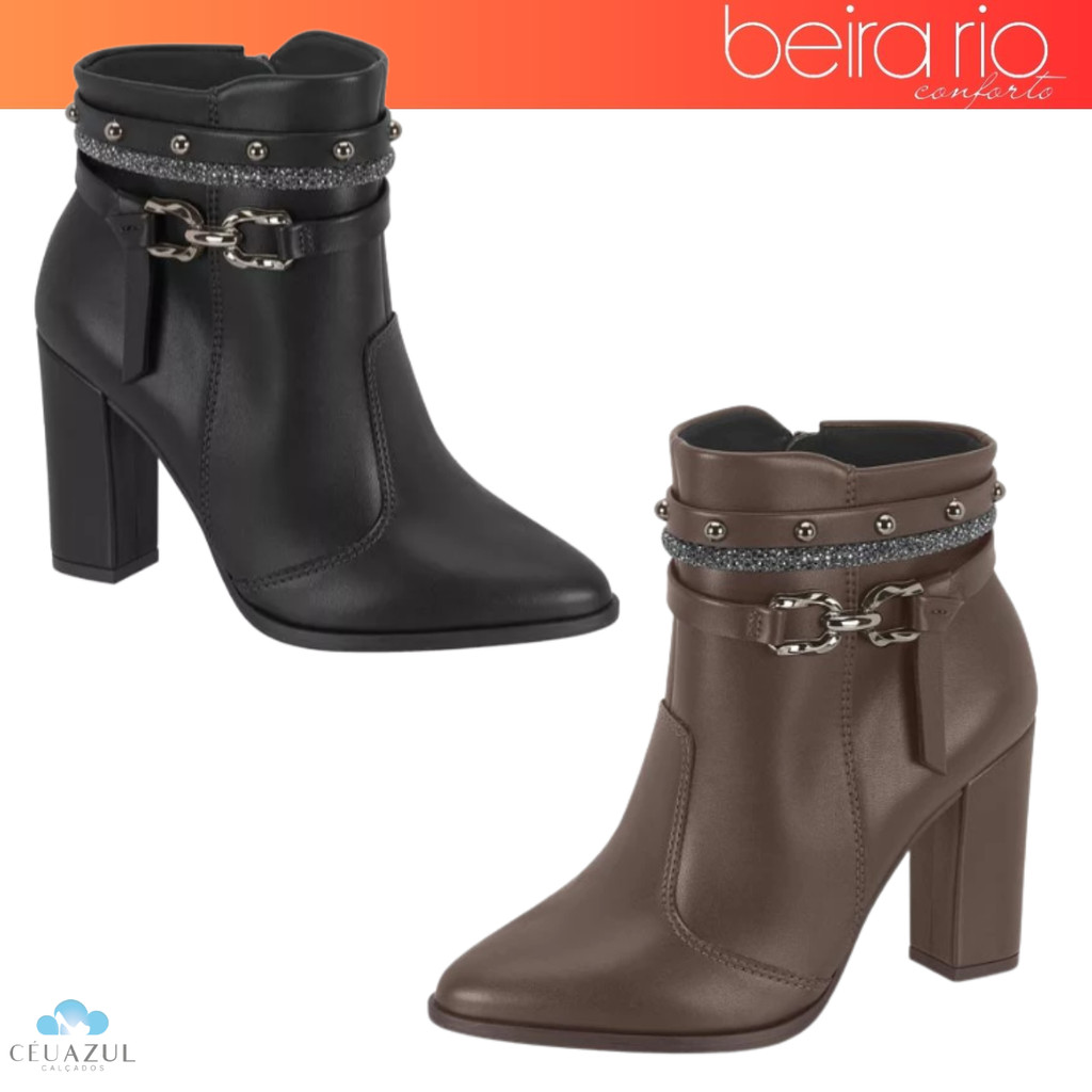 Bota Feminina Beira Rio Cano Curto Corrente Tachas Salto Alto Confortável