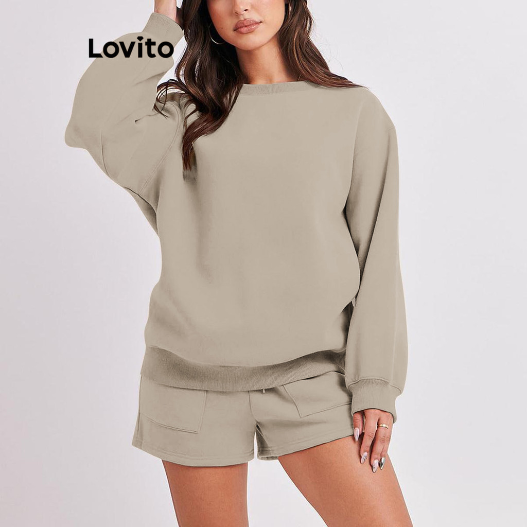 Lovito Conjuntos esportivos esportivos com gravata lisa e bolso frontal para mulheres LNL61005 - Sports & Outdoors