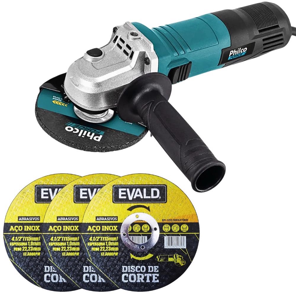 Esmerilhadeira Angular 950W Philco com 3 Discos de Corte 4.1/2 POL EVALD em Oferta na Shopee