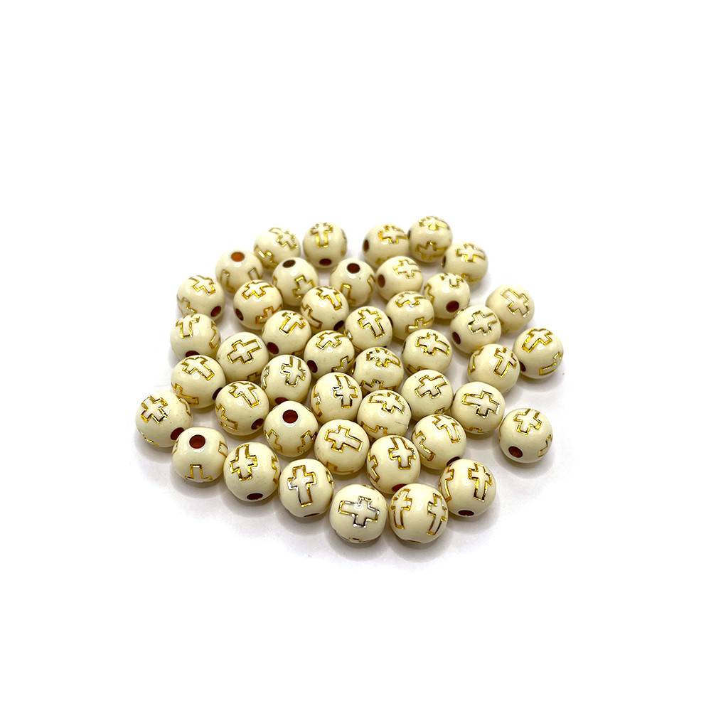 Entremeio Passante Bola com Cruz  8mm Bege e Dourado com Furo em Acrílico - 10 gramas