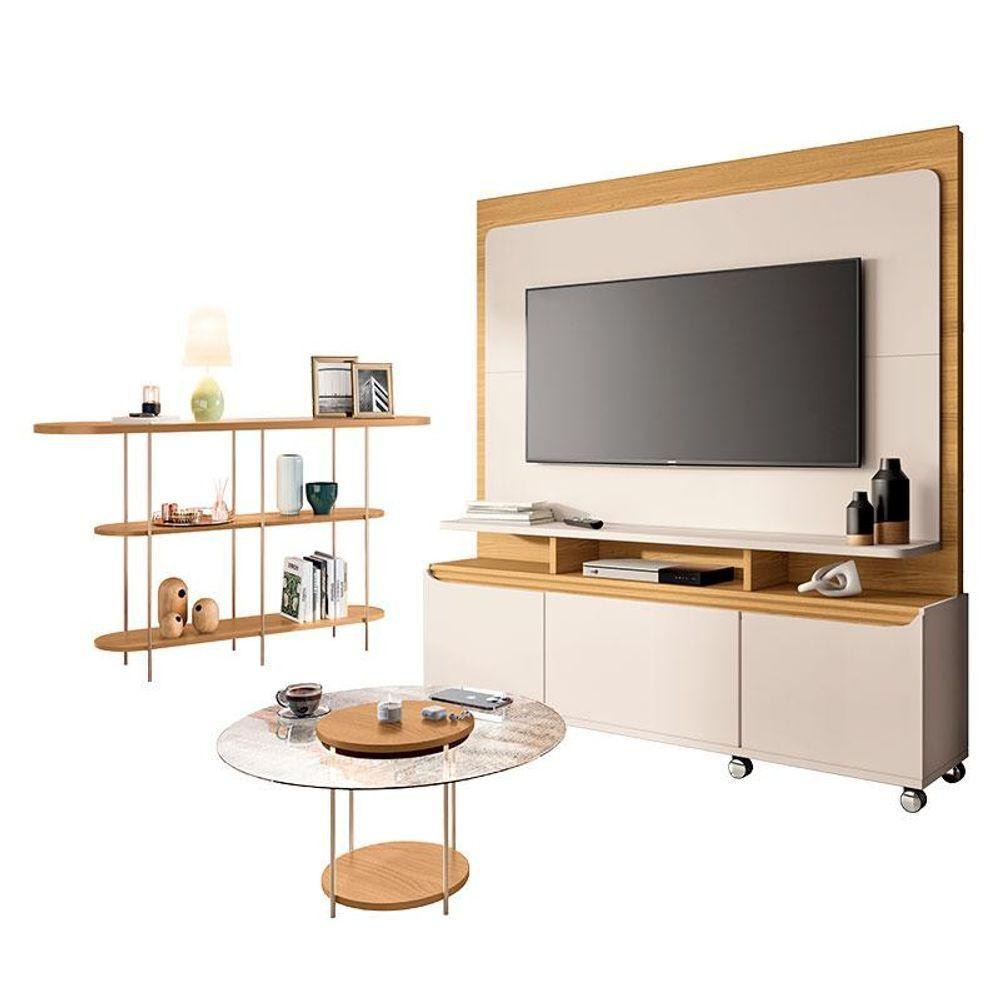 Estante Home Theater Quantum E Aparador Infinity E Mesa De Centro Sky Com Tampo De Vidro Off White Cinamomo- Hb Móveis