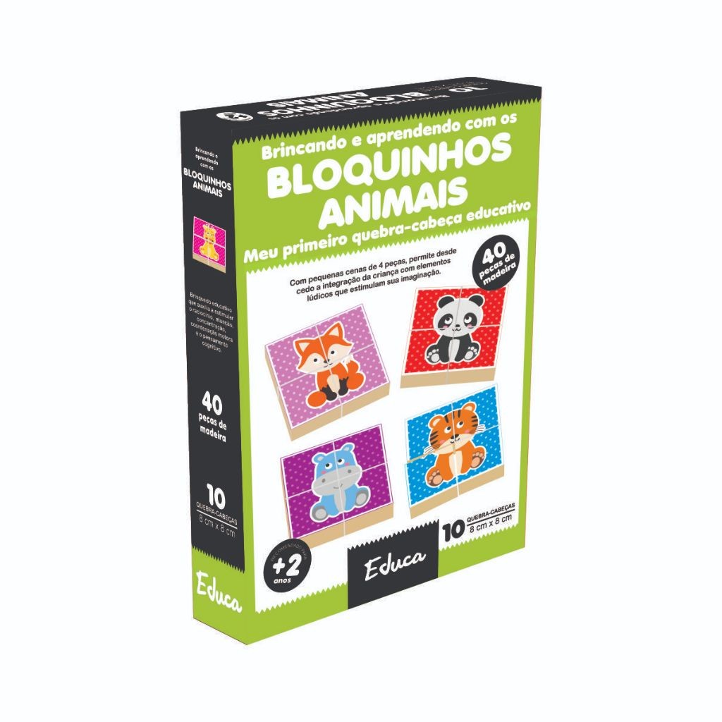 Quebra Cabeça Animais 40 Blocos Madeira MDF Brinquedo Educativo Infantil +24 meses