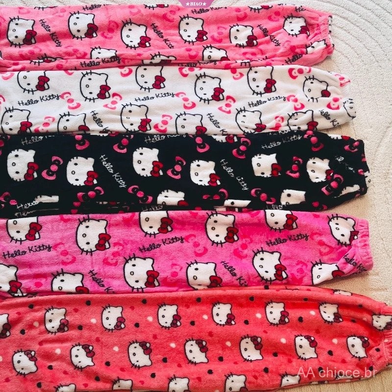 Pijamas Casuais de Flanela Preta para Mulheres Sanrio Hello Kitty, Calças de Lã Quentes, Moda Outono Inverno