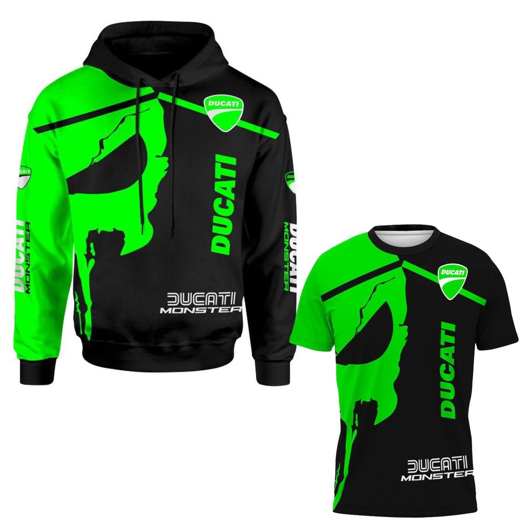 Kit Moletom + Camiseta 3D Ducati Moto Racing Monster Vermelho Verde Amarelo Poliester Estampado