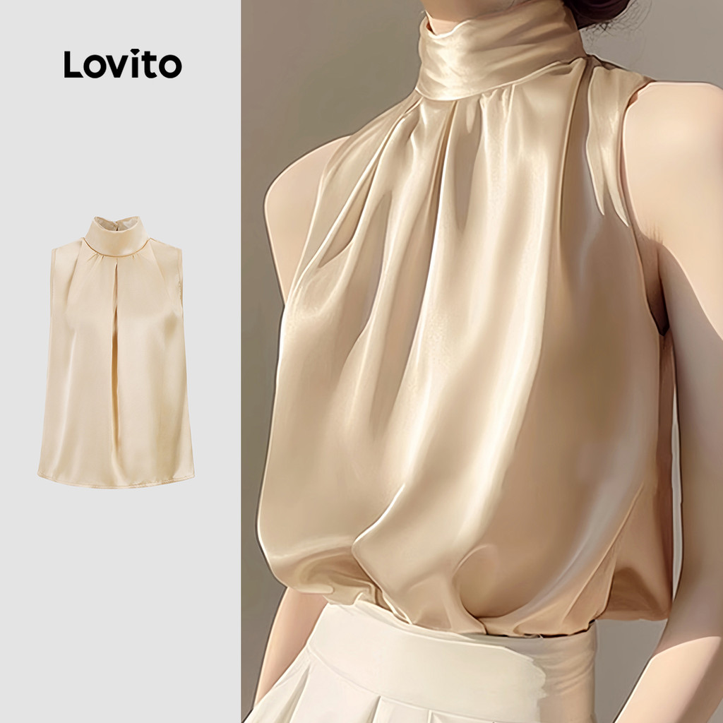 (Trendy) Lovito Regata elegante e lisa plissada para mulheres L132ED025 em Oferta na Shopee