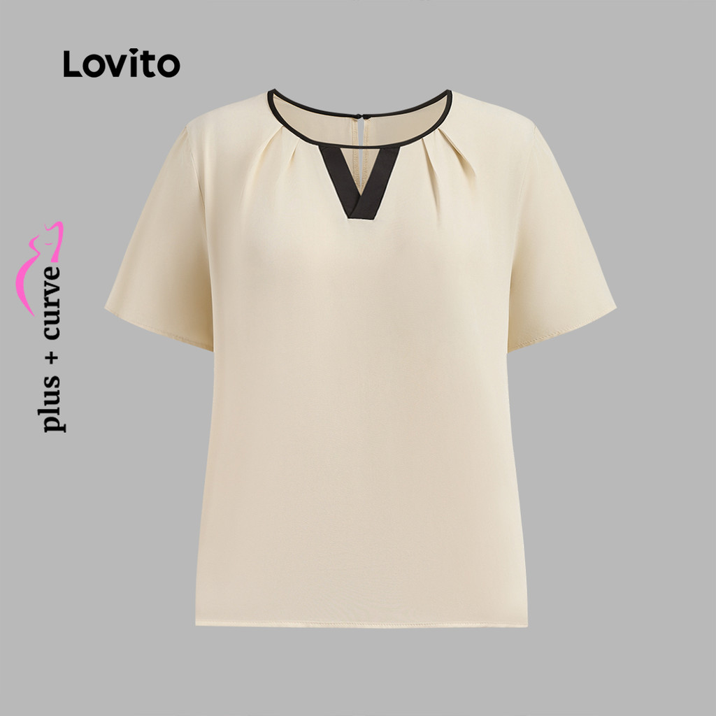 (Trendy) Lovito Blusa Plus Size curva elegante lisa Colorblock para mulheres LBL24306 em Oferta na Shopee