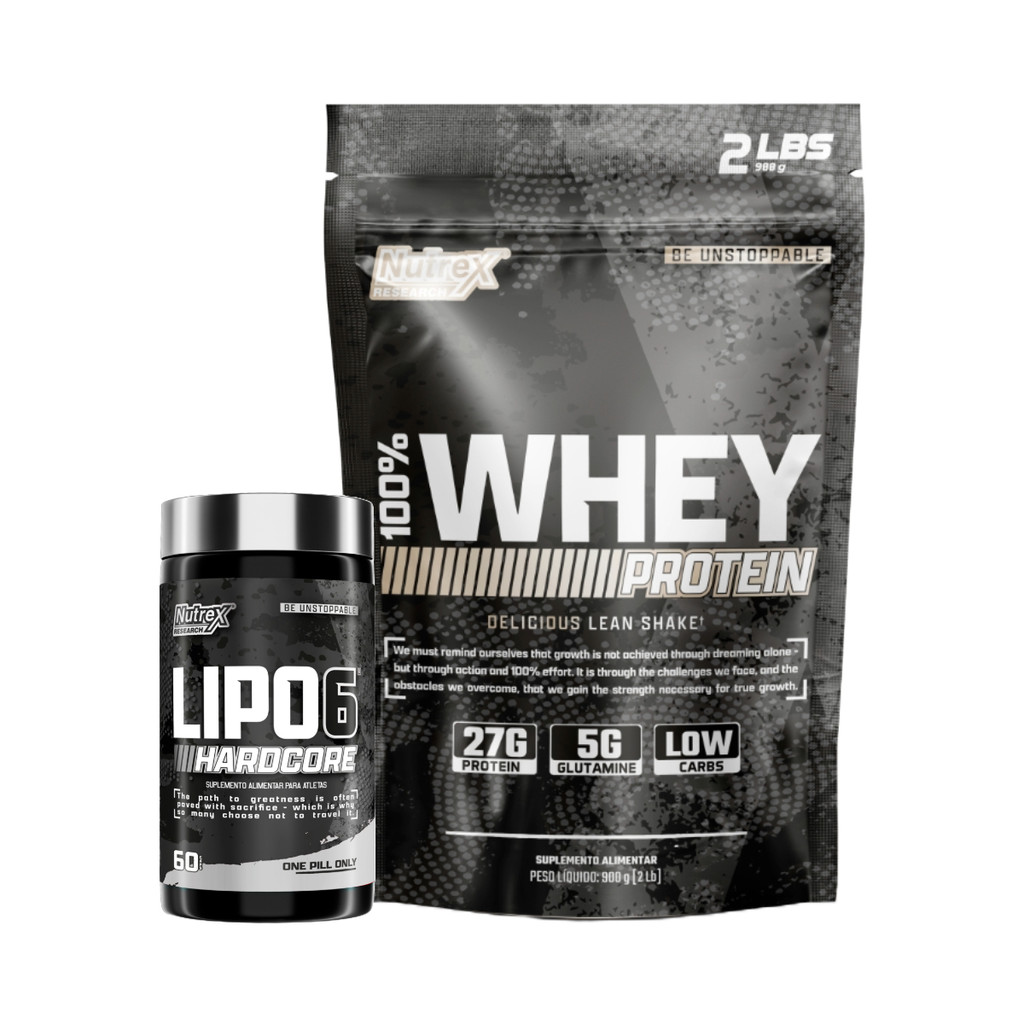 Kit 100% Whey Refil 900g + Lipo 6 Hardcore 60 Caps Nutrex Research Ganho de Massa e Definição Muscular