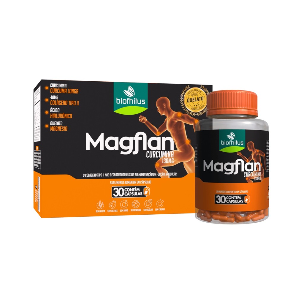 Colageno Tipo 2 Curcumina Acido Hialurõnico e Magnesio Magflan 30 Capsulas