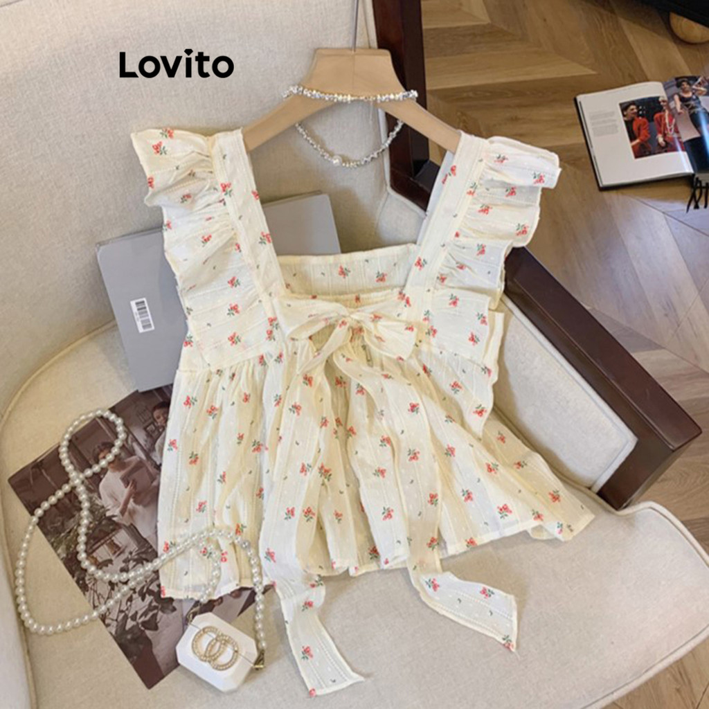 Lovito Blusa casual Ditsy floral com babados para mulheres LNE60414 - Women Clothes
