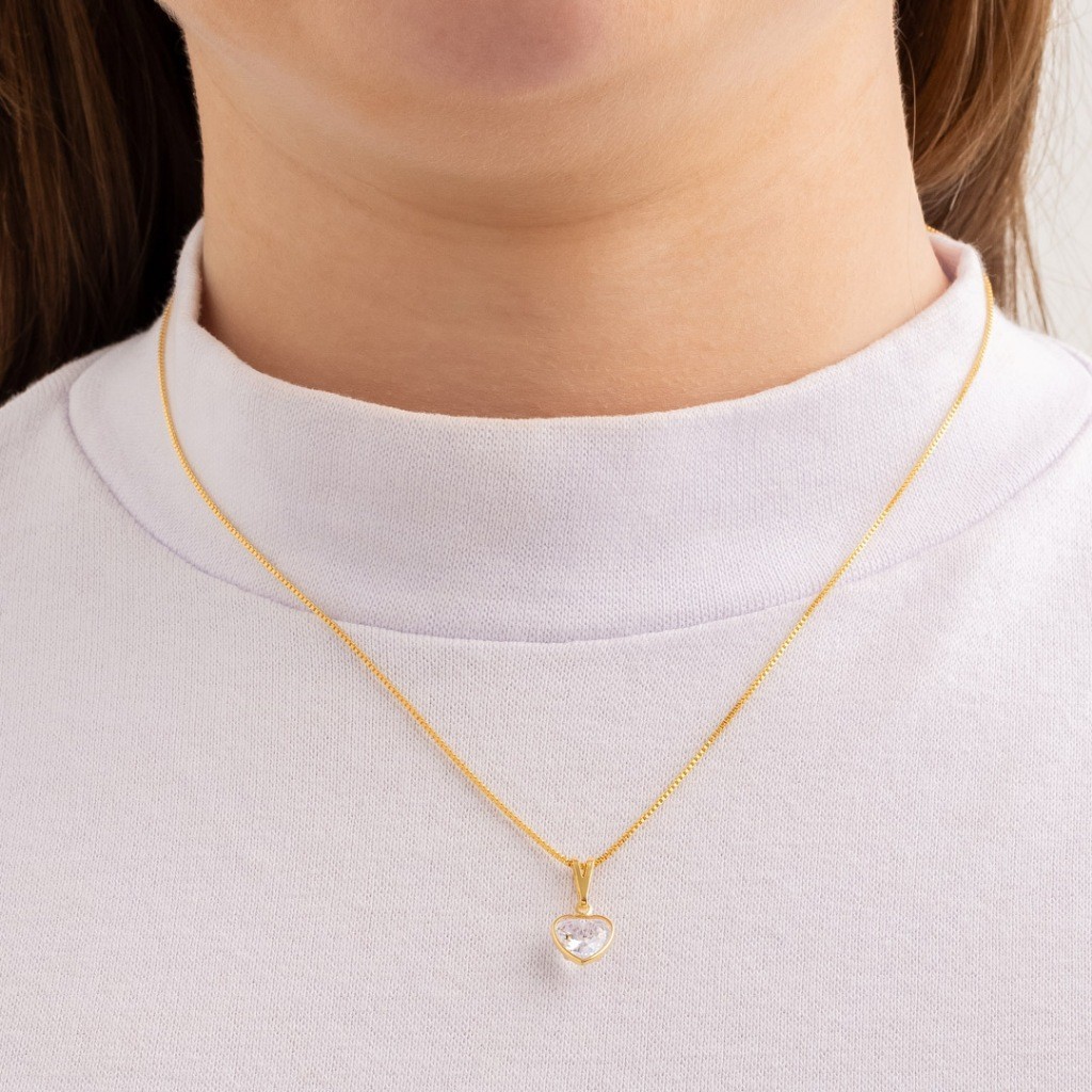 Colar Feminino Romântico Pingente Coração Pedra Cristal Design Leve Garantia Banhado A Ouro 18K