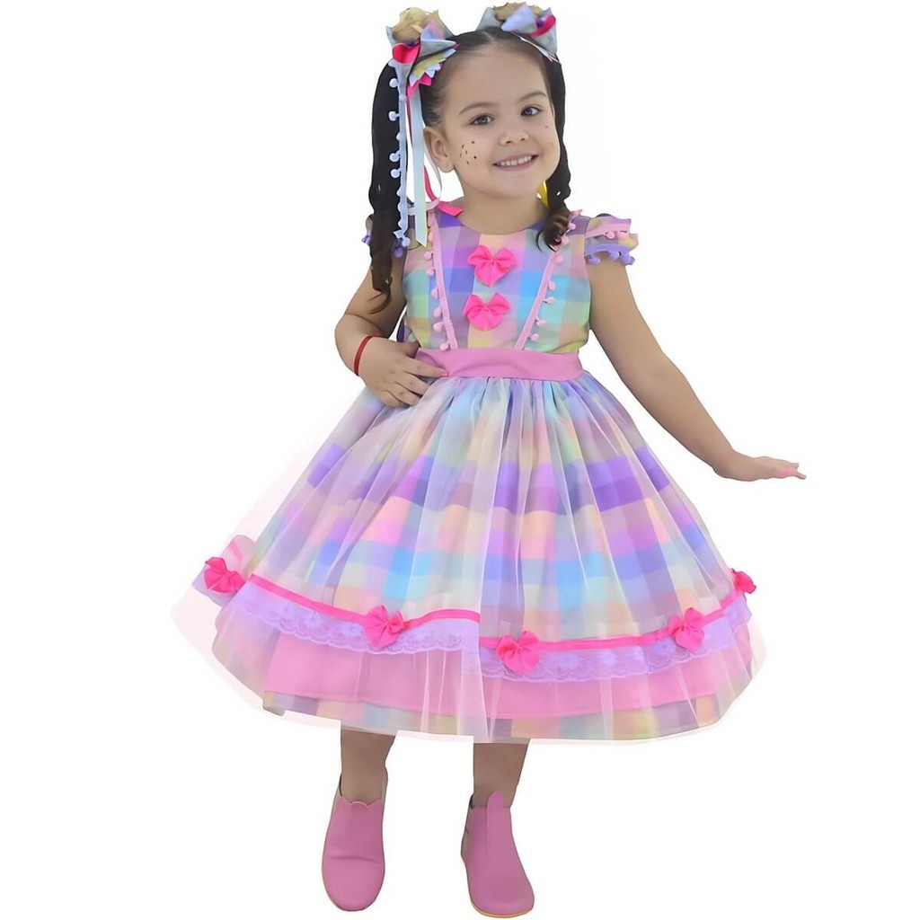 Vestido de Menina para Festa Junina São Joao Quadrilha Xadrez Luxuoso
