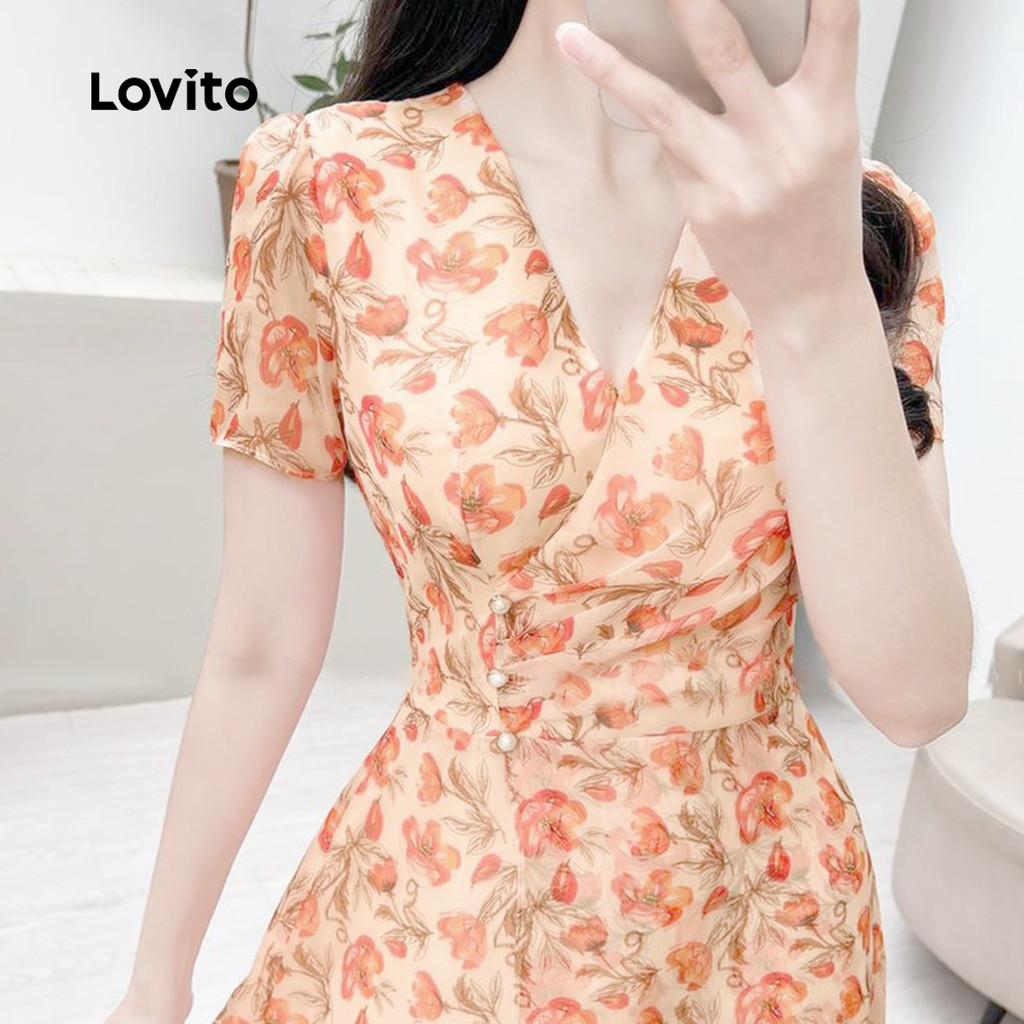 (Trendy) Lovito Vestido Boho Padrão Primavera/Verão Vestido Laranja Queimado Para Mulheres L134ED780